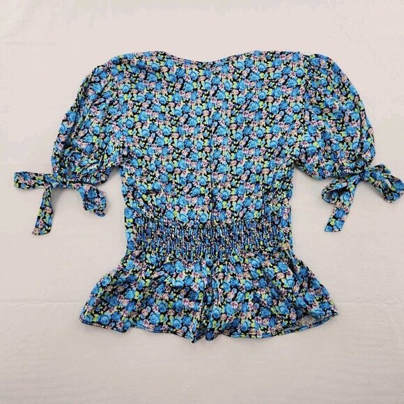 TOPSHOP WOMENS SIZE 4 FLORAL SATIN PELUM TOP IN MID BLUE - Picture 3 of 6